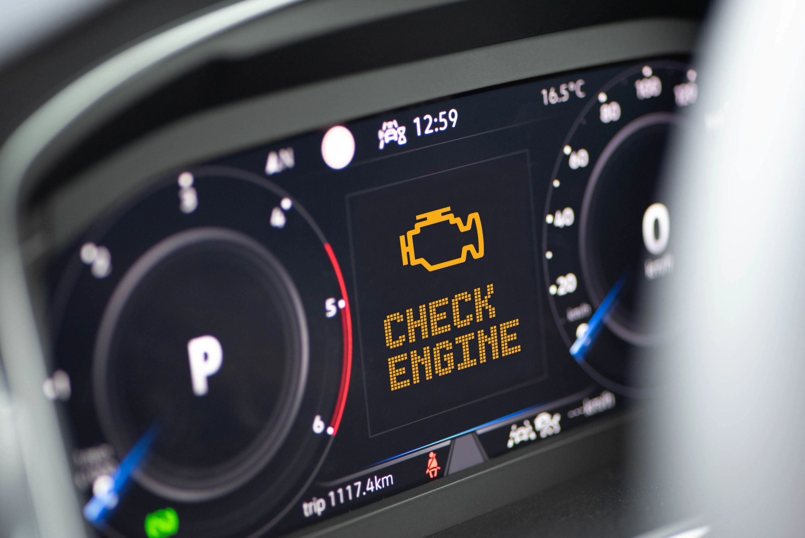 Car dashboard with check engine warning light illuminated