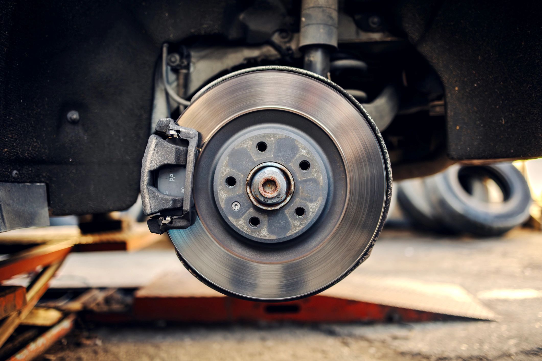 Close-up of brake components during service