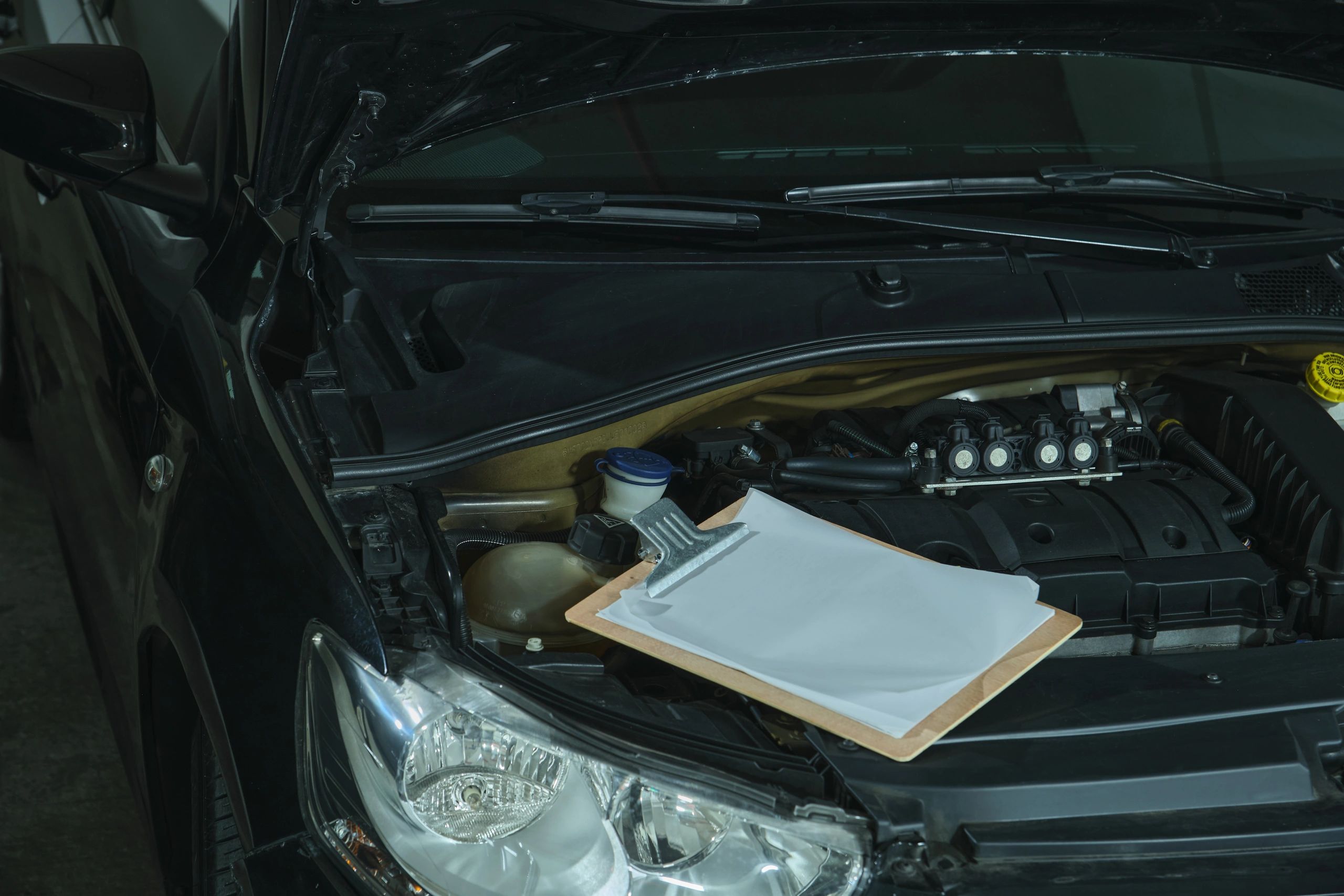 Vehicle inspection checklist on clipboard near an open engine bay
